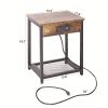 Table Set of 2 with Charging Station; Rustic Modern Side Table with USB Ports and Power Outlets; Nightstand for Bedroom Living Room Farmhouse Brown