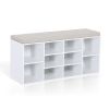 10 Pairs Shoe Storage Wooden Bench With Upholstered Seat; White