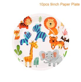 Woodland Jungle Animals Disposable Tableware Jungle Safari Birthday Party Kid Zoo Monkey Lion Zebra Elephant One 1st Boy Forest (Color: 9inch paper plate2)