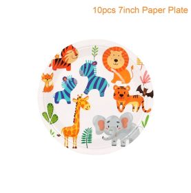 Woodland Jungle Animals Disposable Tableware Jungle Safari Birthday Party Kid Zoo Monkey Lion Zebra Elephant One 1st Boy Forest (Color: 7inch paper plate2)