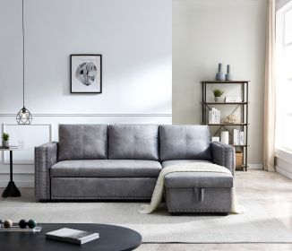 Sectional sofa with pulled out bed;  2 seats sofa and reversible chaise with storage;  both hands with copper nail (Color: gray)