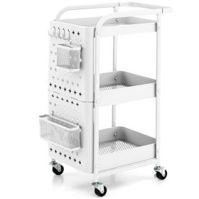 3-Tier Utility Storage Cart with DIY Pegboard Baskets (Color: White)